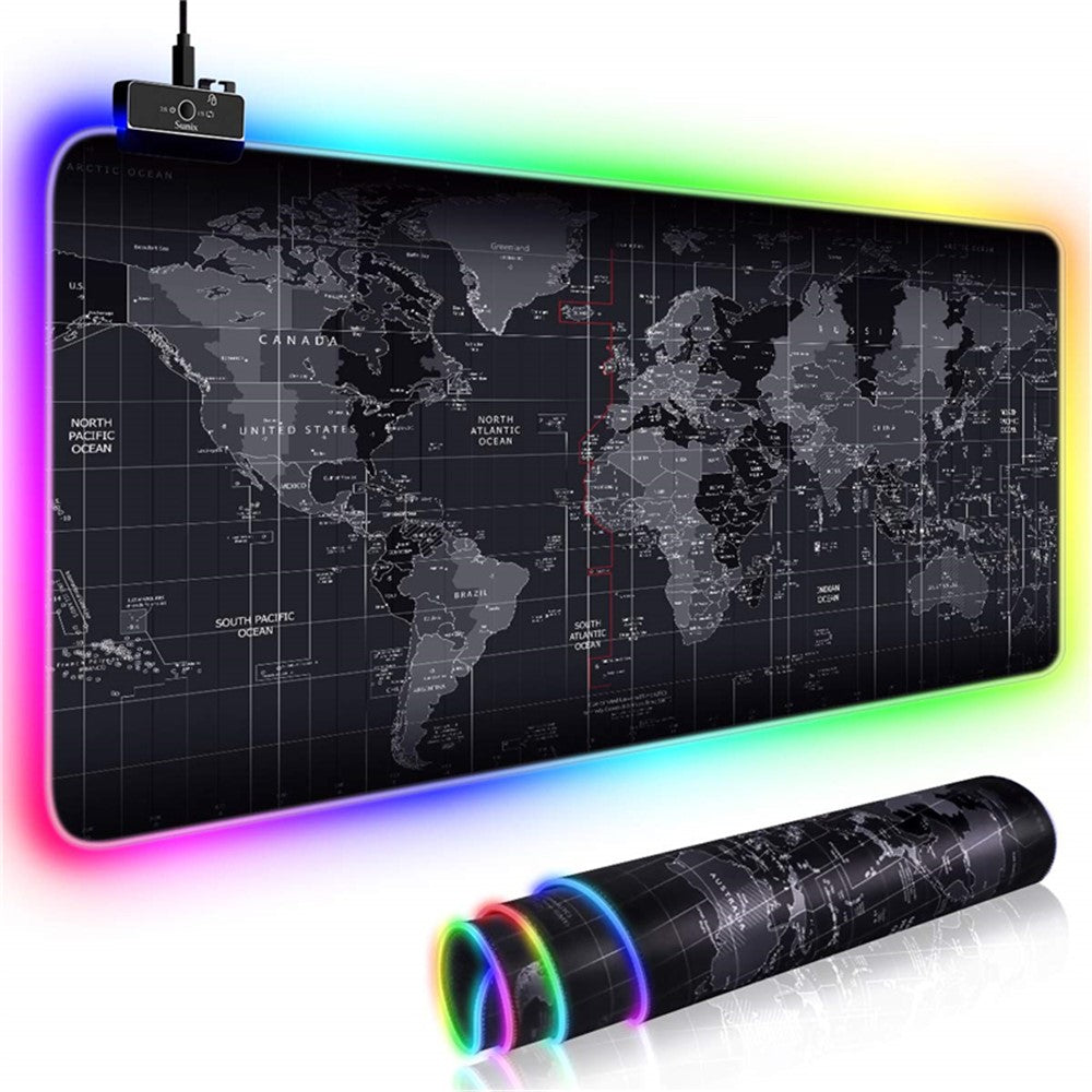 World Map RGB Gaming Mouse Pad | 14 Lighting Modes Large 800x300mm