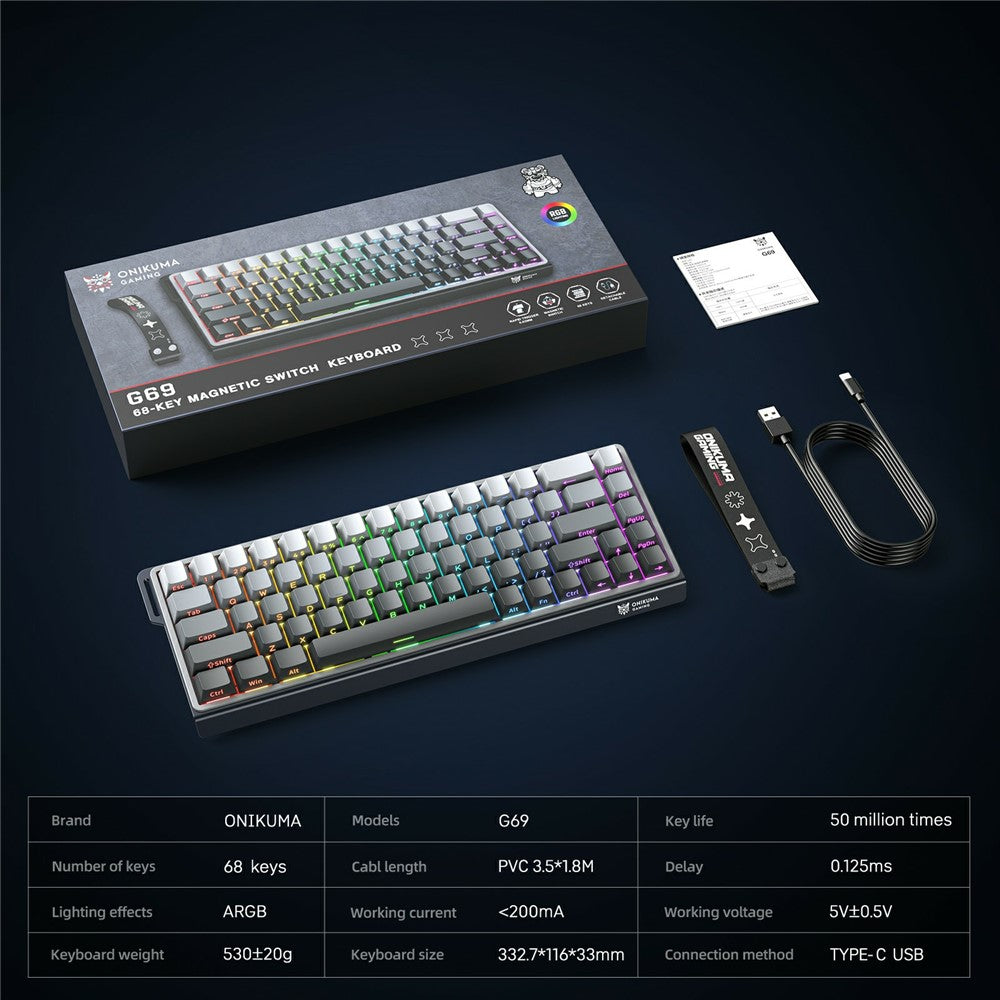ONIKUMA G69 68 Keys Hot Swappable Keyboard for Mac / Windows / Android Magnetic Axis Gaming Keyboard with RGB Light