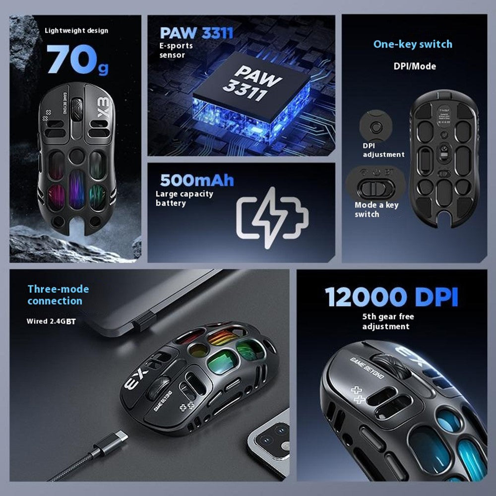 T-WOLF X3 Gaming Mouse Tri-Mode BT Wireless Hollow Design RGB Backlit Mechanical Mouse For Esports