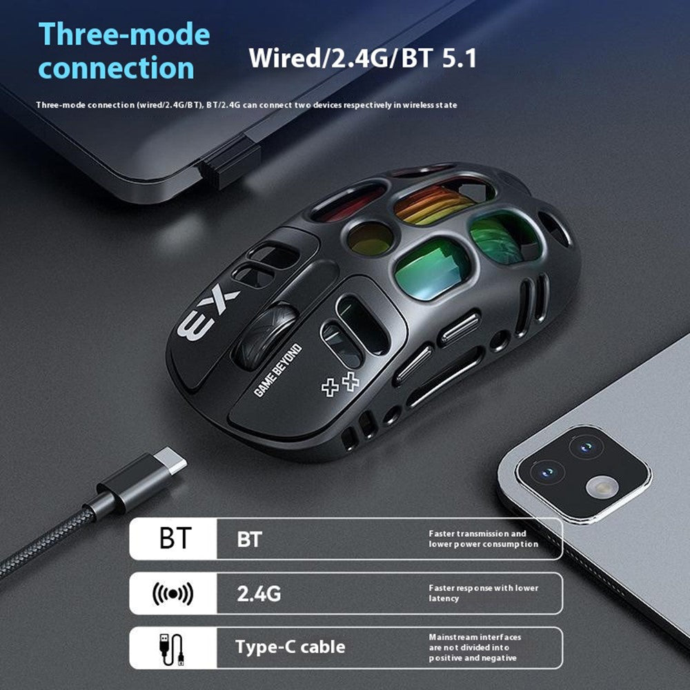 T-WOLF X3 Gaming Mouse Tri-Mode BT Wireless Hollow Design RGB Backlit Mechanical Mouse For Esports