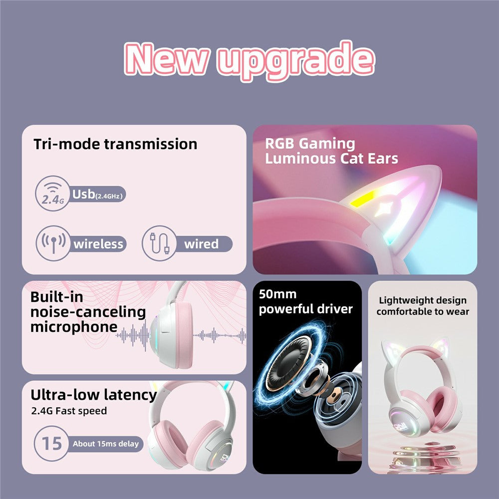 ONIKUMA GT838 Cat Ear Gaming Headset Triple Mode RGB Light Wireless Over-Ear Headphone with Mic