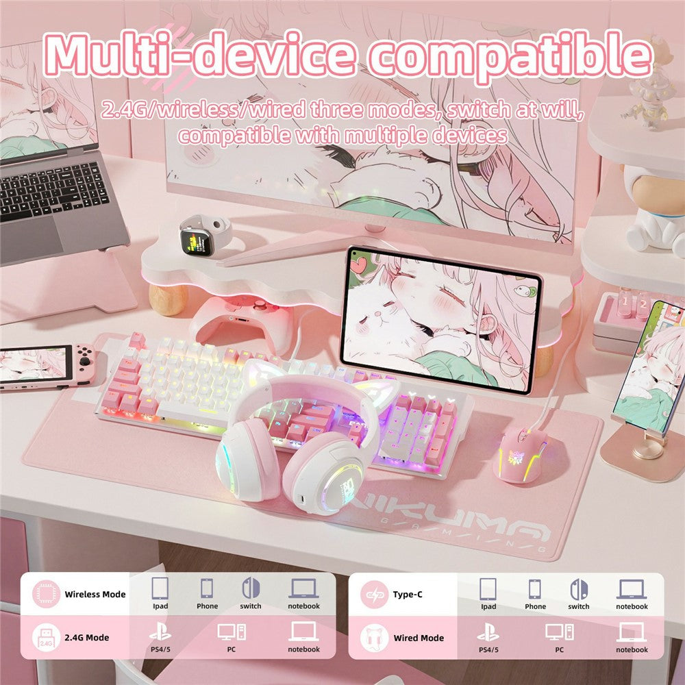 ONIKUMA GT838 Cat Ear Gaming Headset Triple Mode RGB Light Wireless Over-Ear Headphone with Mic