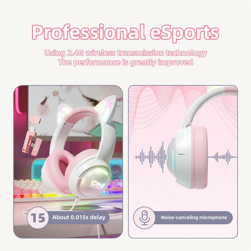 ONIKUMA GT838 Cat Ear Gaming Headset Triple Mode RGB Light Wireless Over-Ear Headphone with Mic